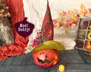 A fall pumpkin gourd wearing a handmade witch hat. This pumpkin is named Heddy. 